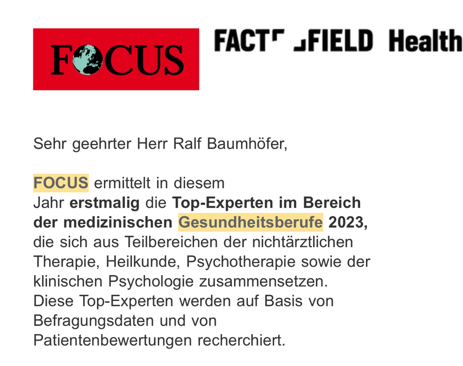 Ralf Baumhöfer – Psychotherapiepraxis – Dieses Dokument ist eine Mitteilung von FOCUS bezüglich ihrer Suche nach Spitzenexperten in den medizinischen Gesundheitsberufen für 2023.